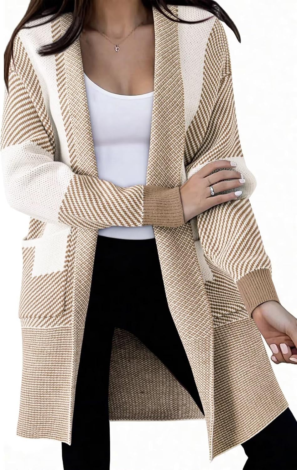 Detalle de Astylish Women's Long-Sleeve Knit Cardigan with Pockets, Oversized Colour-Block Design