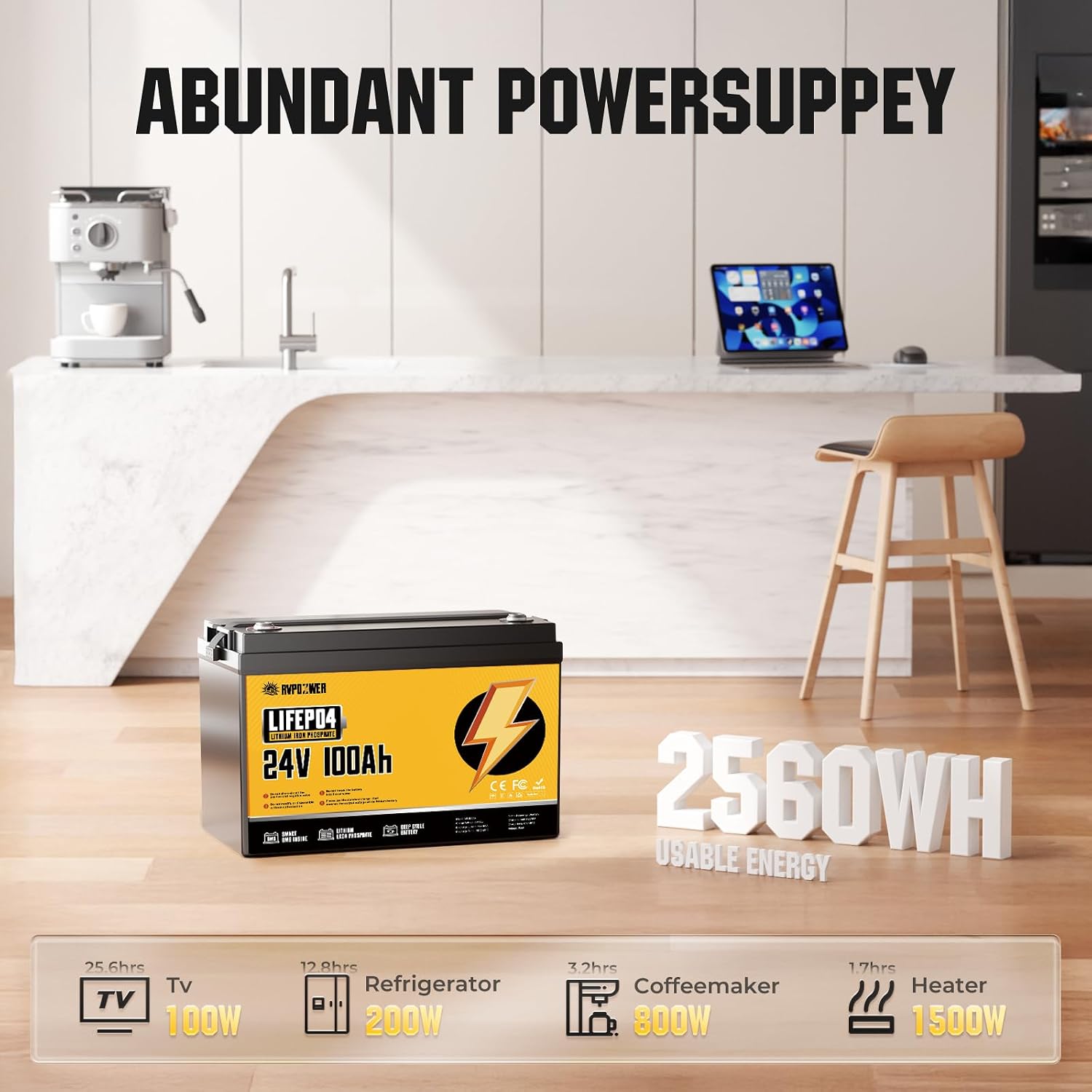Detalle de Rvpozwer 24V100Ah LiFePO4 Battery, 2-Pack with 100A BMS and 2560W Output