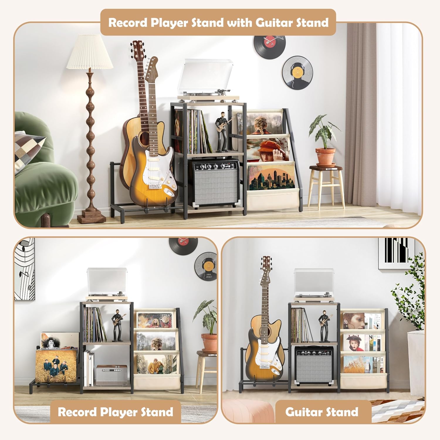 Detalle de Bikoney Record Player Stand with 3-Tier Vinyl Storage and Guitar Stand – White