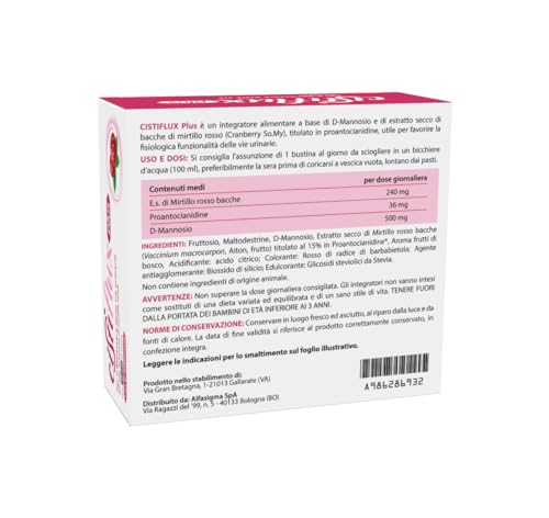 Detalle de Cistiflux Plus: Integratore a base di D-Mannosio e Cranberry Americano ad alto titolo di proantocianidine tipo A, 14 bustine