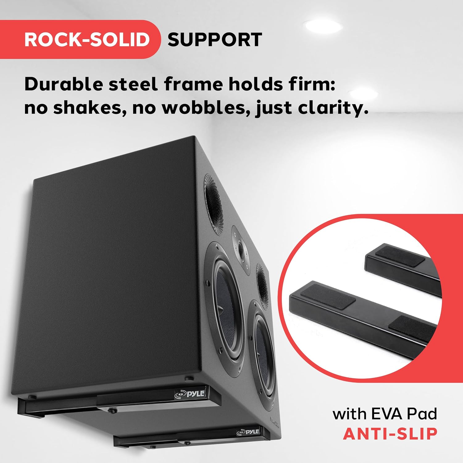 Detalle 2 de Pyle Adjustable Speaker Wall Mount Brackets — 2 Pack with Extendable Steel Arms (110 lbs) for Center Channel, Soundbars, and Various Speakers