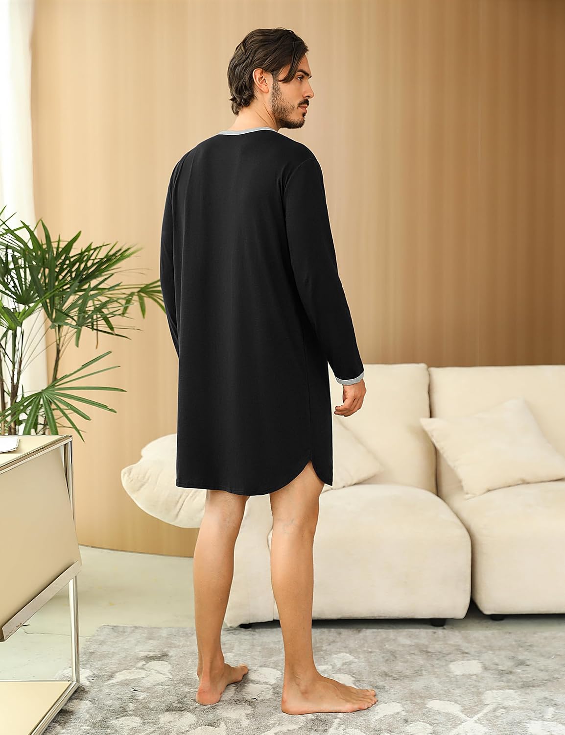 Detalle de Uniexcosm Hauts de Pyjama pour Hommes — Chemise de Nuit à Manches Longues, Col Rond et Poche, Taille S–3XL
