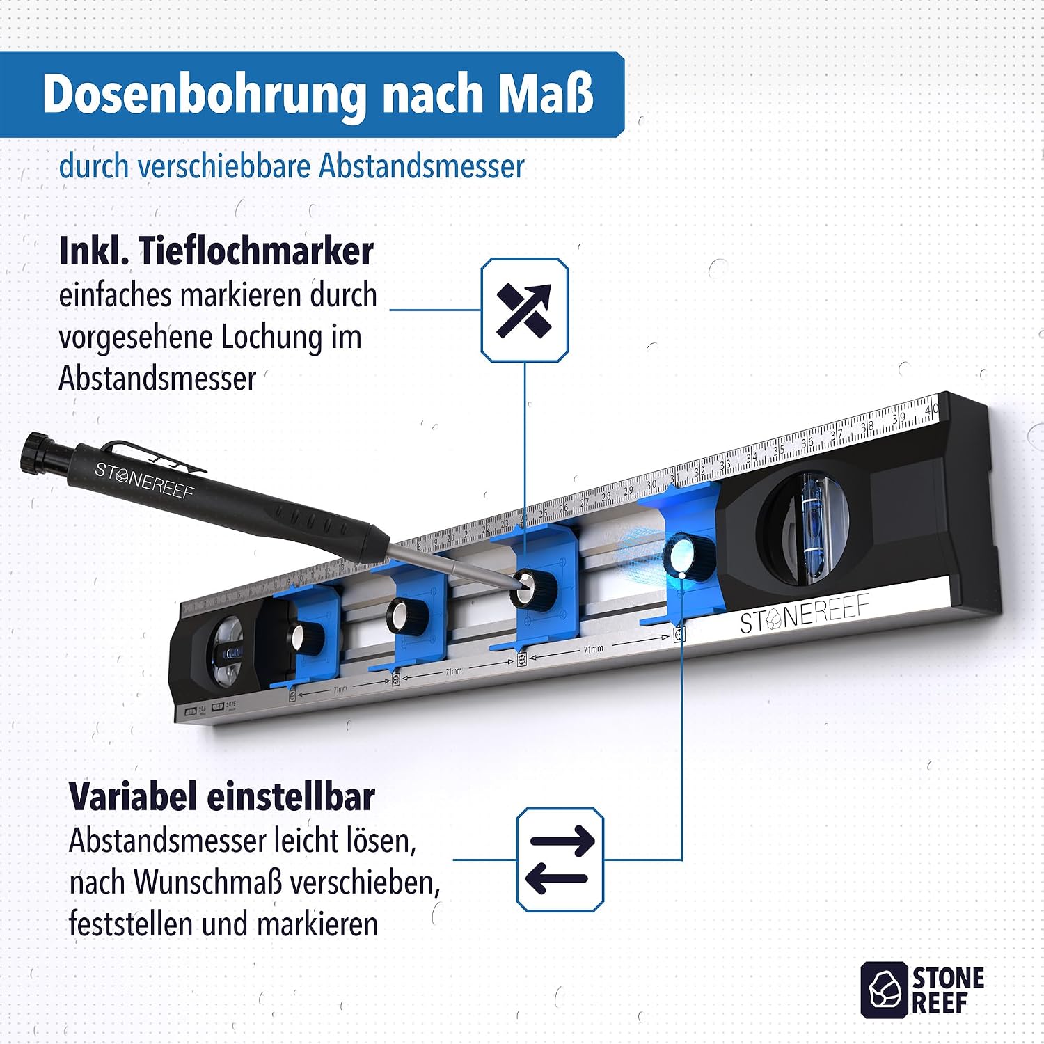 Detalle de Elektriker Wasserwaage 40 cm – Präzisions-Wasserwaage für Steckdosen & Renovierung mit verschiebbaren Bohrlöchern