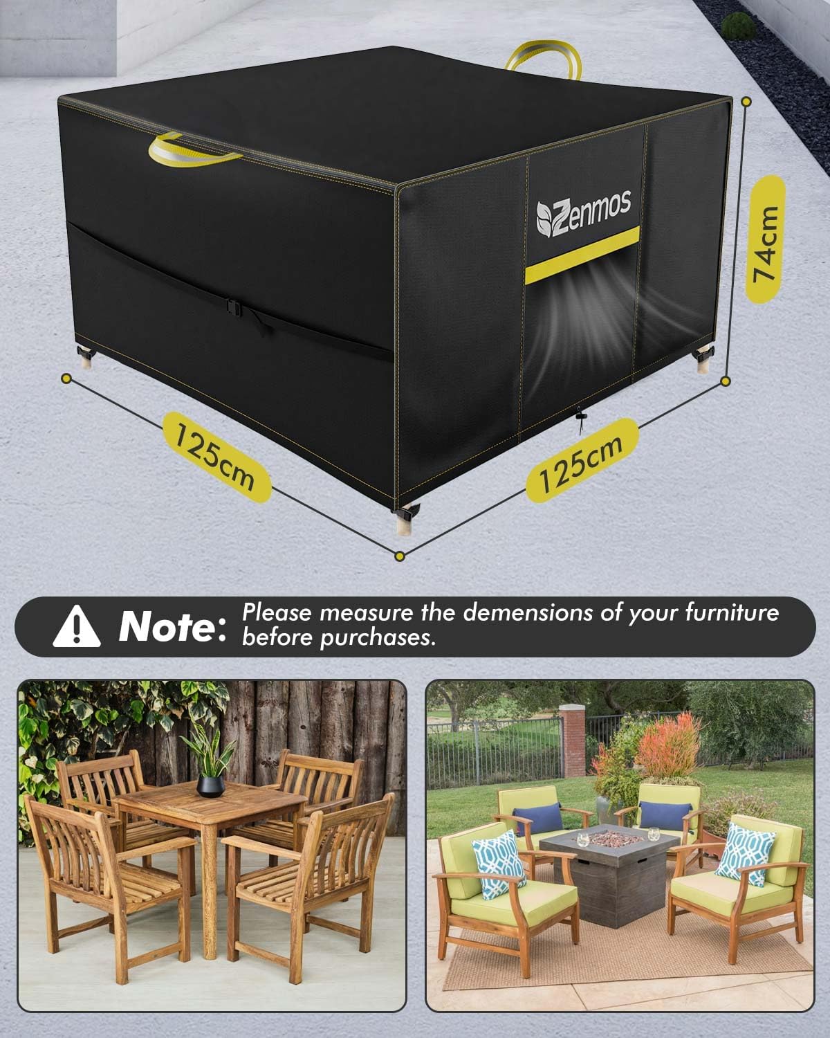 Thumbnail 4 de Zenmos Garden Furniture Cover for Outdoor Tables and Chairs – 420D Heavy Duty Oxford Fabric with Air Vent, Rectangular 125 × 125 × 74 cm