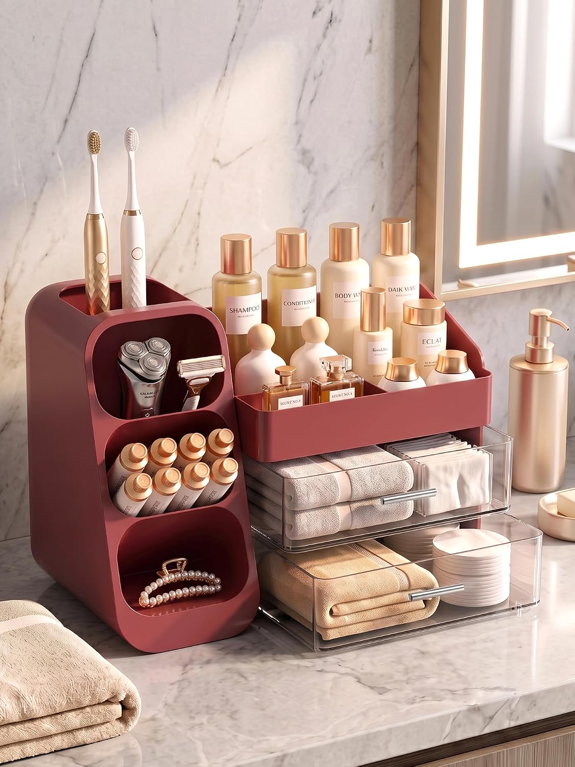 Detalle 2 de Red Makeup Organizer with Drawers 6‑Compartment