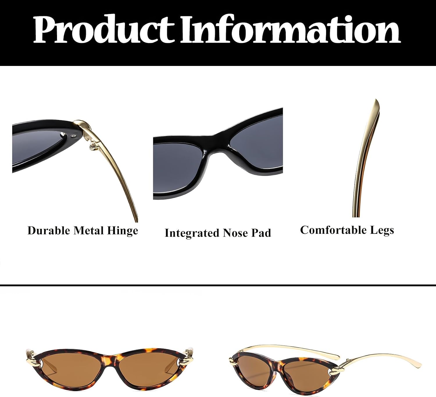 Detalle de LJCZKA Retro Oval Cat Eye Sunglasses for Women – 90s Luxury Gold Temples, UV400 Protection