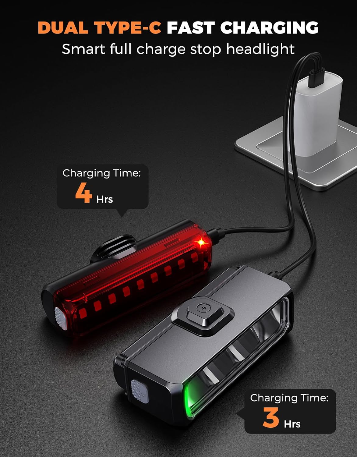 Detalle de EOIWUY bike lights set (1500LM front) with wide beam, 4+5 modes and USB Type-C charging, IP65 waterproof