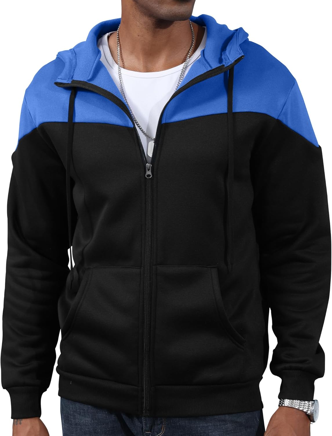 Detalle de Mens Fleece Zip Up Hooded Sweatshirt Patchwork – Casual Warm Hoodie
