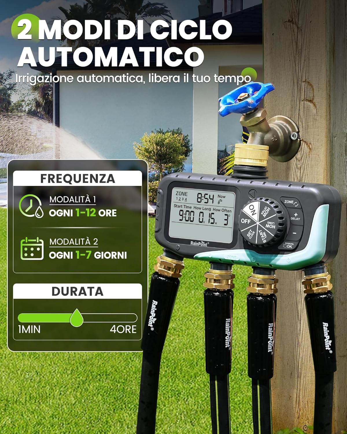 Thumbnail 2 de RAINPOINT Centralina Irrigazione 4 Zone – Timer impermeabile IP65 con ritardo pioggia e controllo manuale