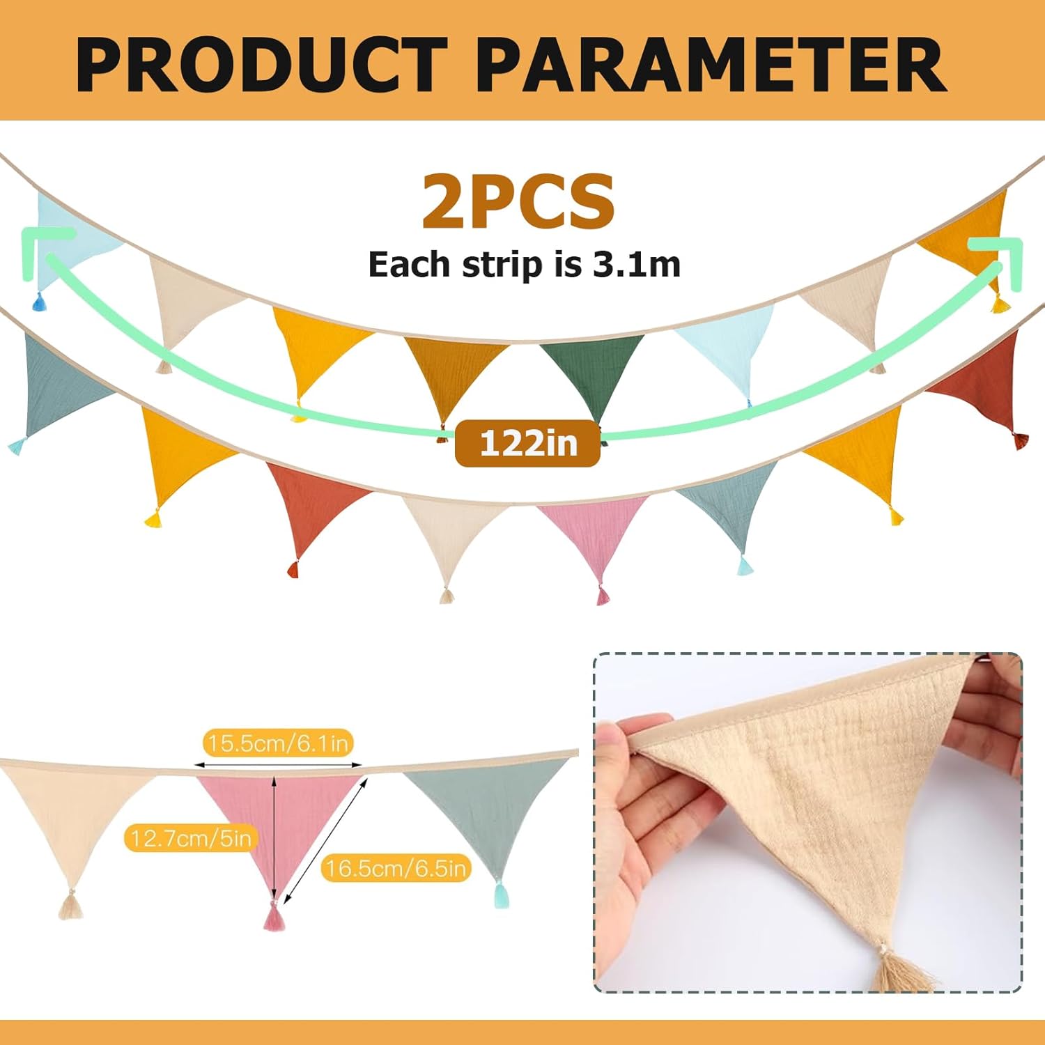 Detalle de HuaMuDM Wimpelkette – 2 Stück Dreieck-Flaggenkette aus Musselin, 3,1 m pro Band