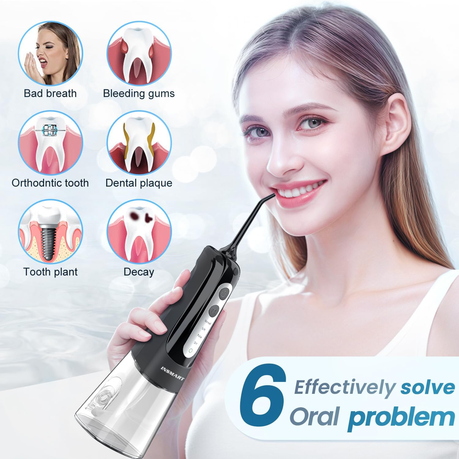 Detalle de INSMART Cordless Water Flosser: 300 ml Tank, 3 Modes, USB Recharge, IPX7, Travel Ready