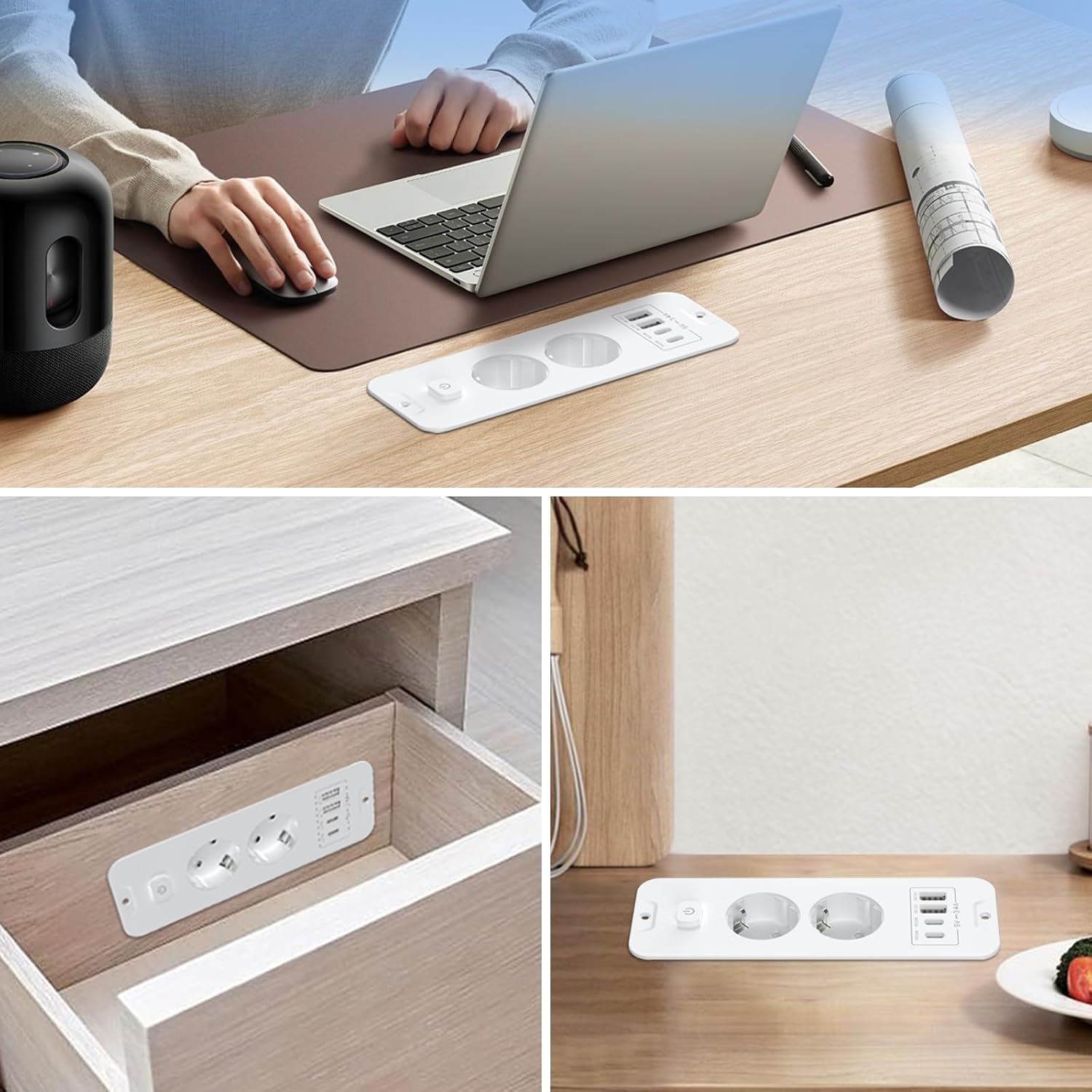 Detalle de Versenkbare 2-Fach Steckdosenleiste mit USB: Einbausteckdose für Tischplatten mit 2 USB-C/2 USB-A inklusive 2 m Kabel