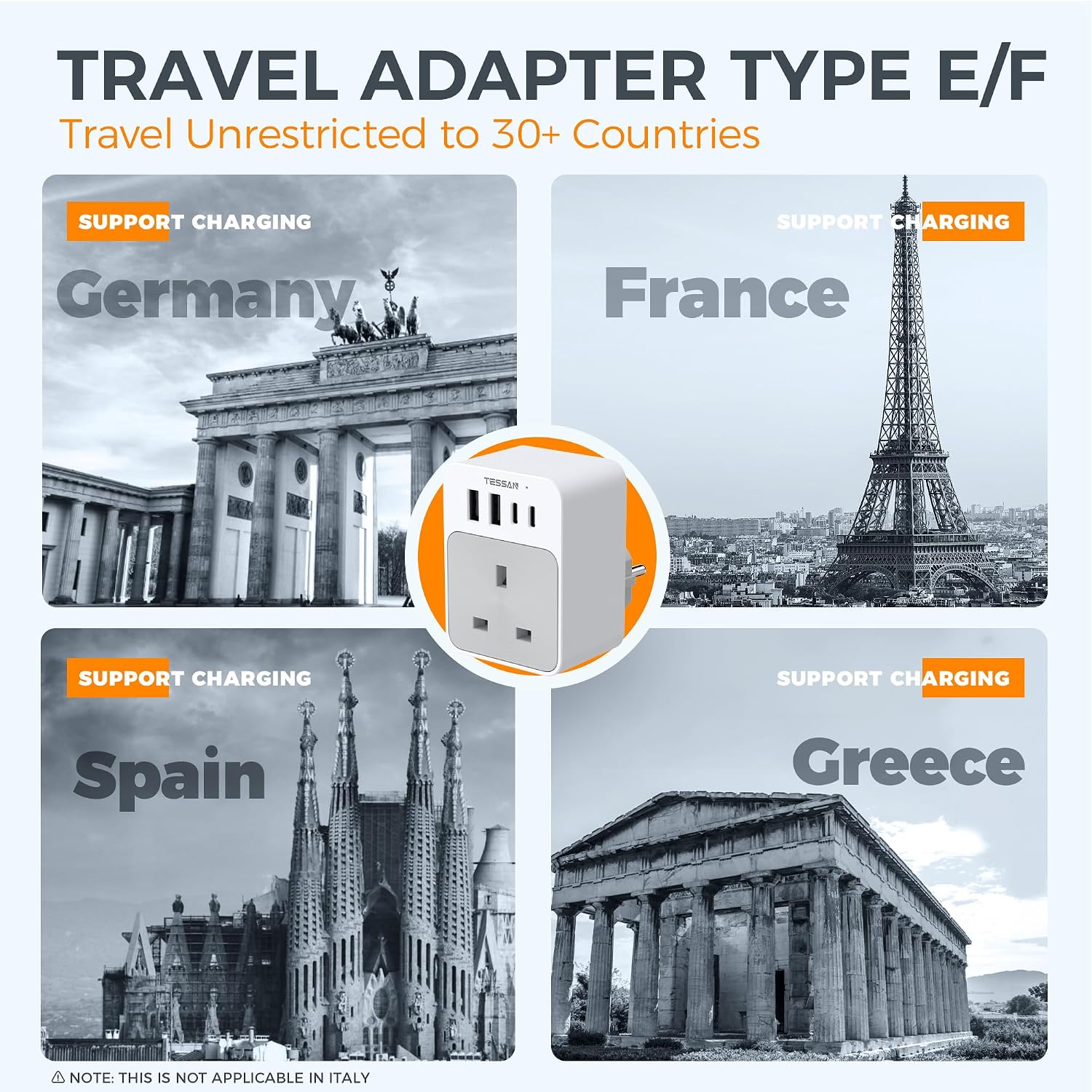 Detalle de TESSAN UK to European Plug Adapters (2 Pack) – Grounded, 4 USB Ports (2 USB-C) – Type E/F