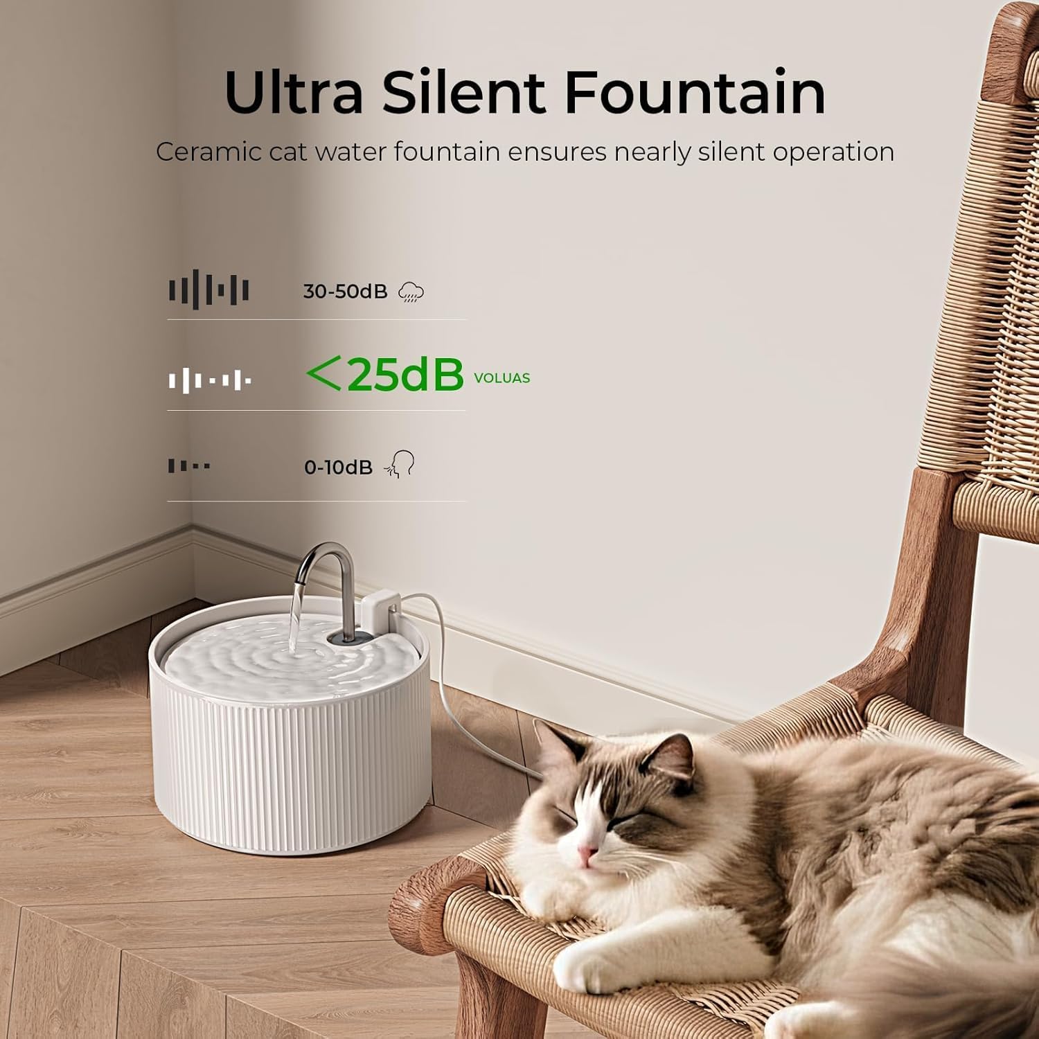 Detalle de Keramik-Katzenbrunnen, 2,2L/74oz – ultraleise Trinkquelle für Katzen mit Doppel-Filterung