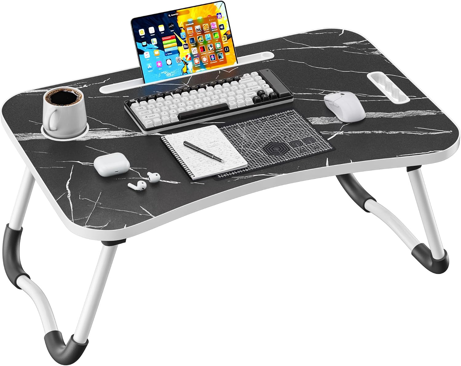 Detalle de Frpufi LD007 Folding Lap Desk, 23.6-Inch Wood Table with Cup Holder, Dark Black