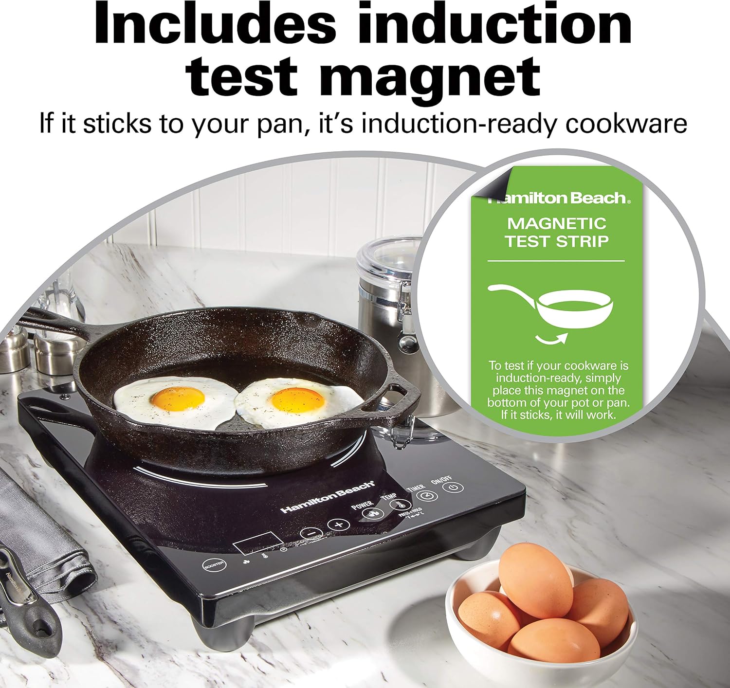 Detalle de Hamilton Beach 34104 Portable Single Induction Cooktop (1800W) with Fast Heating Mode, 10 Settings up to 450F