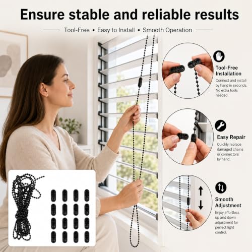Detalle 2 de KALUROIL Chaînette de store noire, lot de 3 × 10 m avec 30 clips