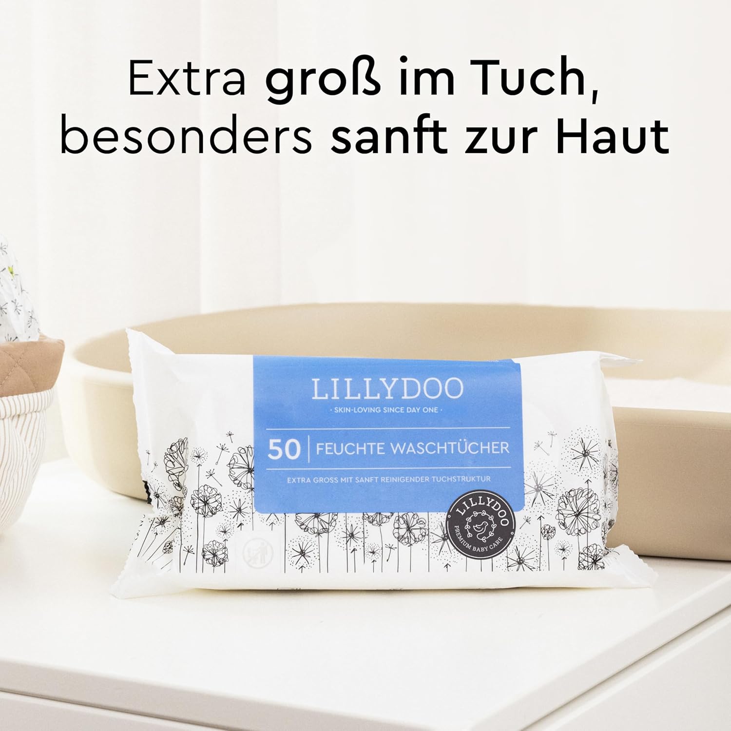 Detalle de LILLYDOO Feuchte Waschtücher 350 Stück (7 x 50) – 100% plastikfrei, extra großes Tuch, ohne Parfüme