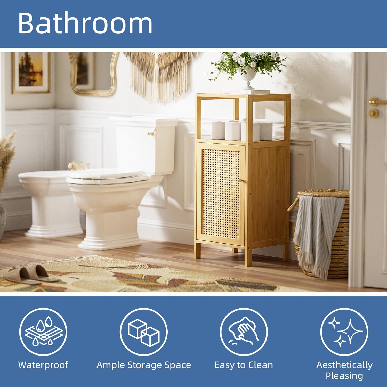 Thumbnail 3 de HITNET Rattan Badezimmerschrank mit Einzeltür – schmaler Bambus-/Rattan-Bodenschrank für enge Ecken
