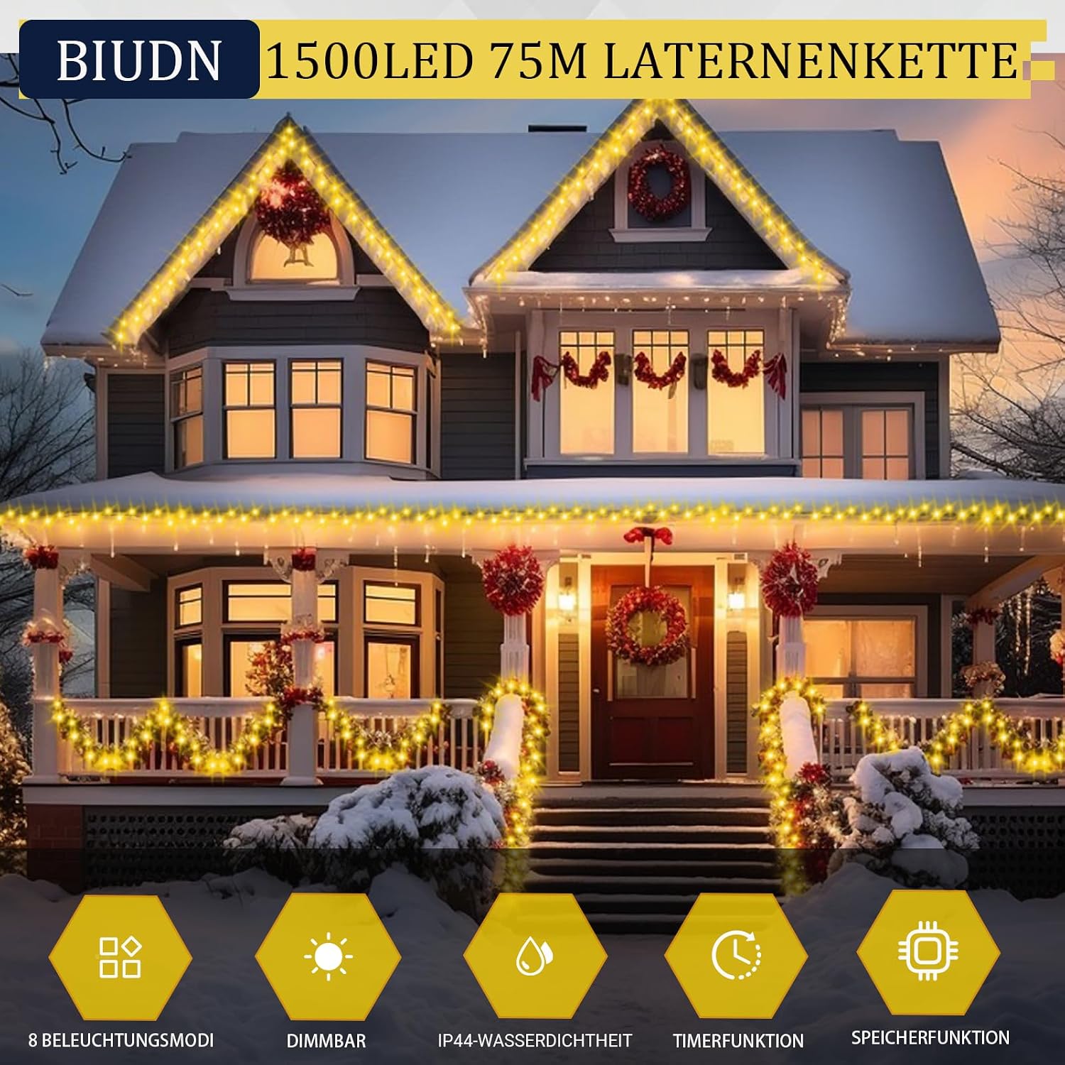 Detalle 2 de BIUDN 1500LED Lichterkette für außen & innen (75 m) warmweiß mit 8 Modi, Dimmer/Timer und IP44