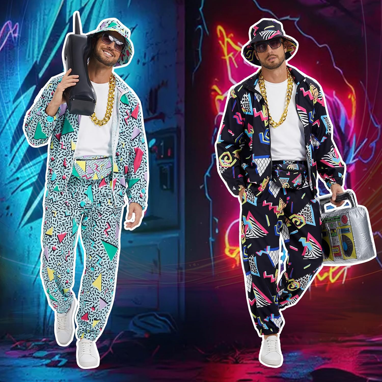 Detalle 2 de OPAEHJF 80s/90s Men’s Tracksuit Costume Set (8 pieces) – neon windbreaker, hat, sunglasses & more