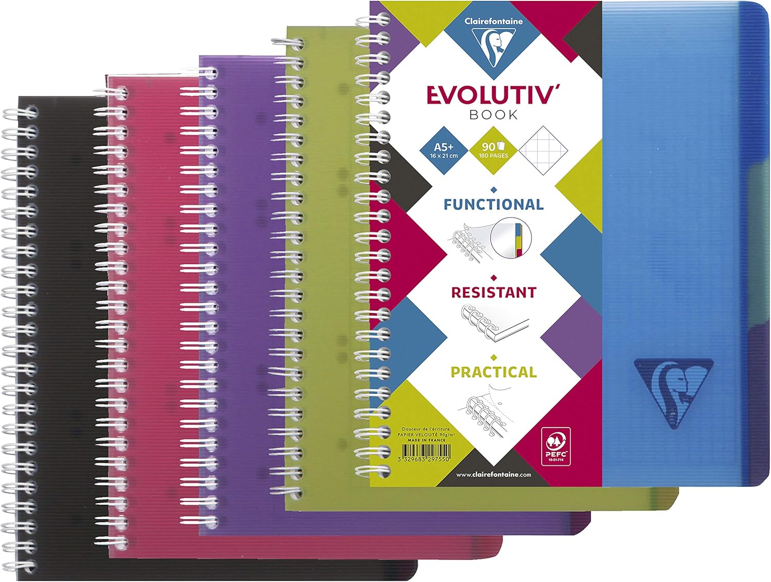 Detalle de Clairefontaine 329755C Linicolor intensi Evolutiv'Book – Taccuino a spirale A5+ 16x21 cm, 180 pagine quadretti, carta 90 g, copertina PP