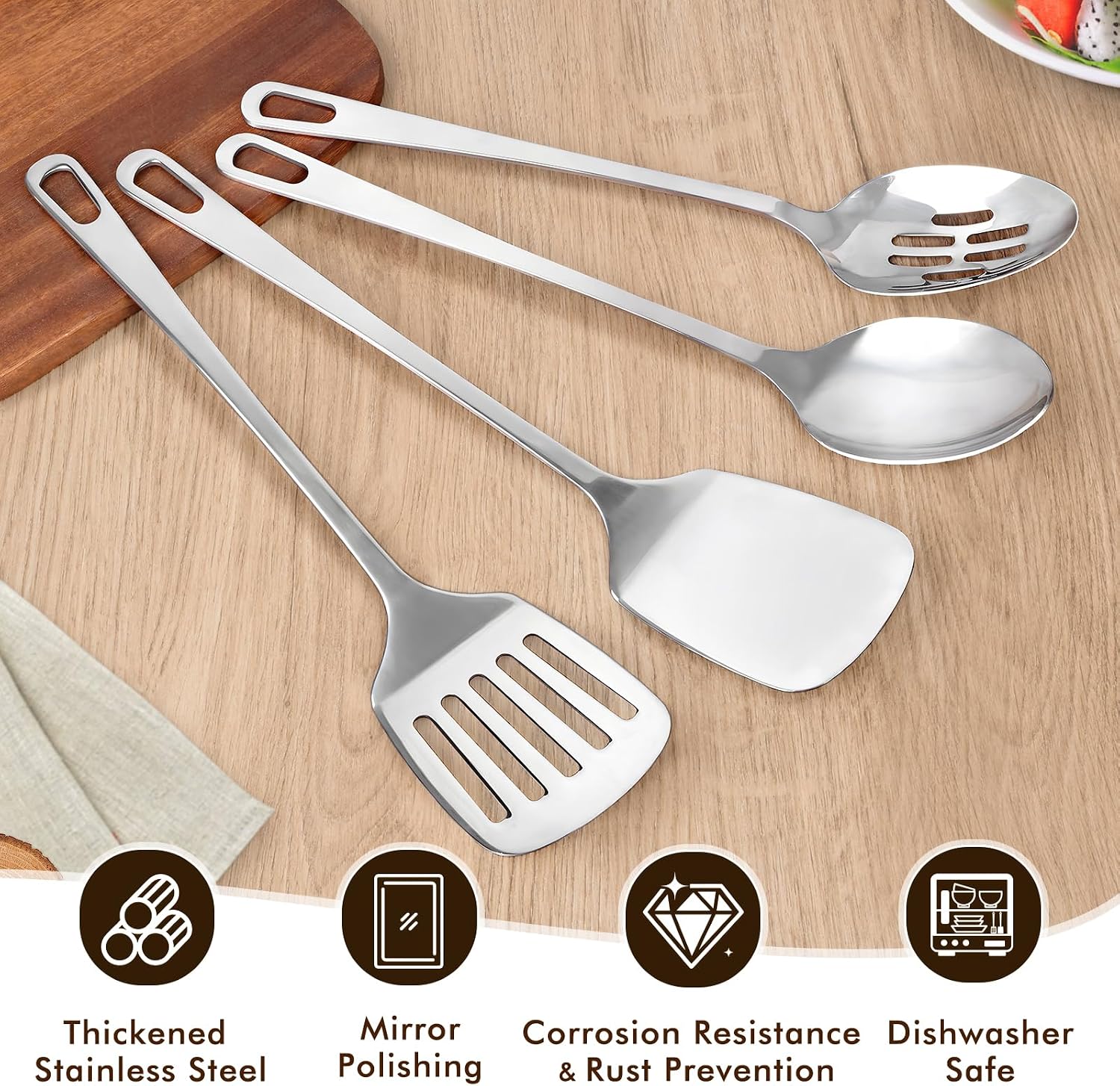 Thumbnail 2 de 4-Piece Stainless Steel Cooking Utensils Set (Solid & Slotted Turner, Wok Spatula, Serving Spoon)