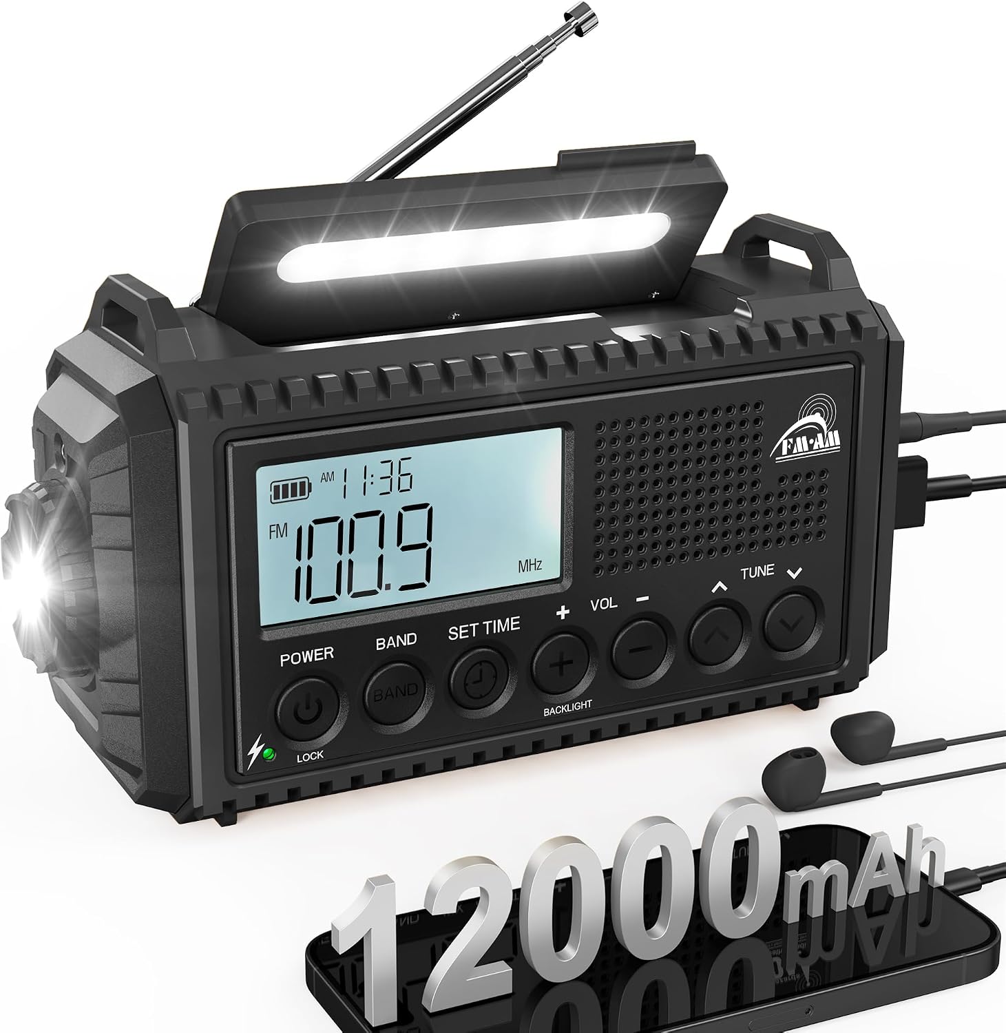 Detalle de ROCAM 1009UItra Emergency Radio, 12,000 mAh Power Bank, Solar & Crank