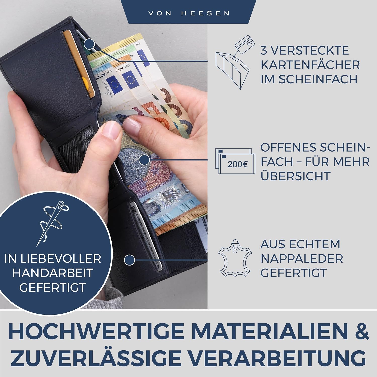 Thumbnail 3 de VON HEESEN Slim Wallet mit XL-Münzfach & RFID-Schutz – blaue Leder-Geldbörse für Karten