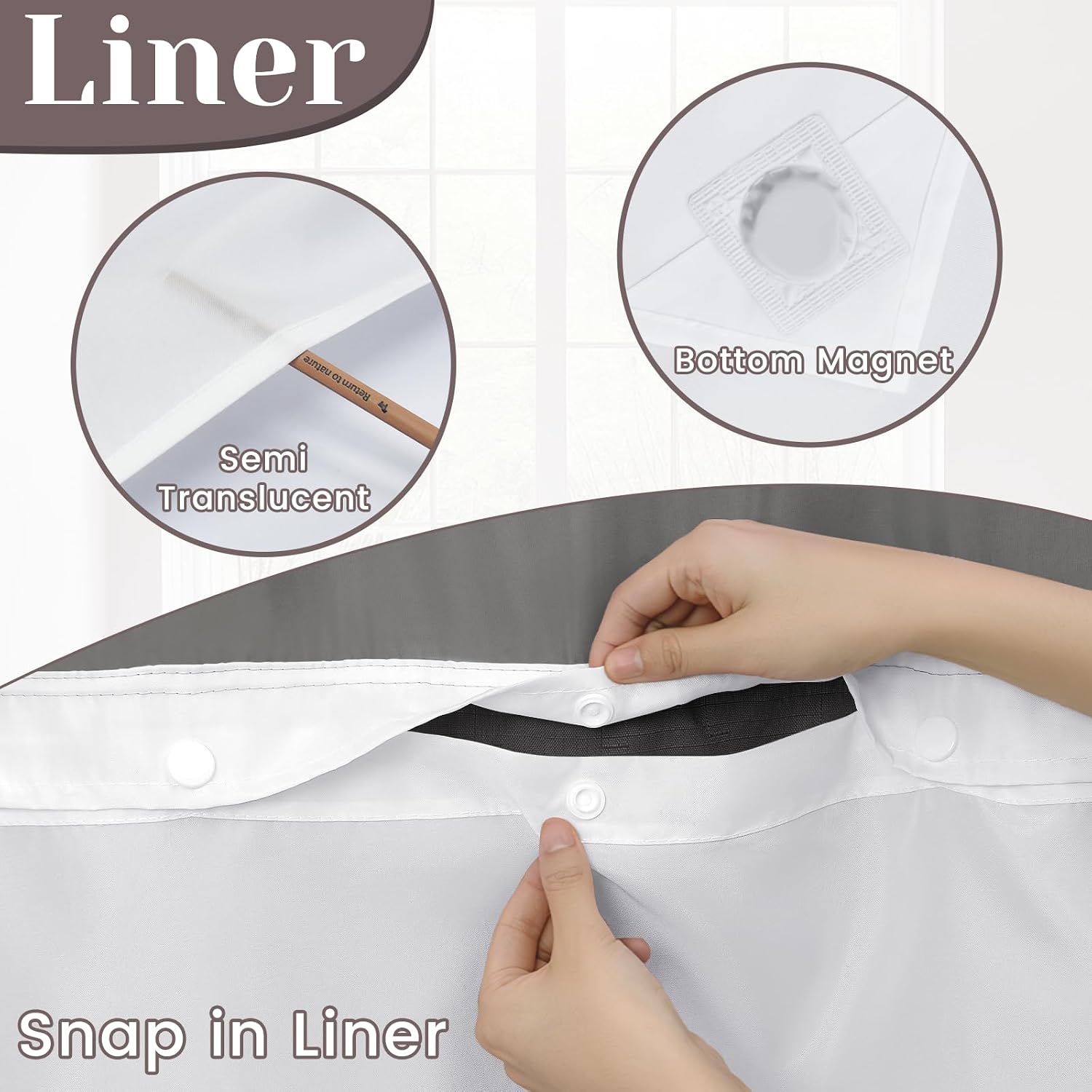 Detalle de SORTTO No Hook Slub Textured Shower Curtain with Snap in Liner — Black Fabric Outer Curtain + Waterproof Inner Liner (71x74 in)