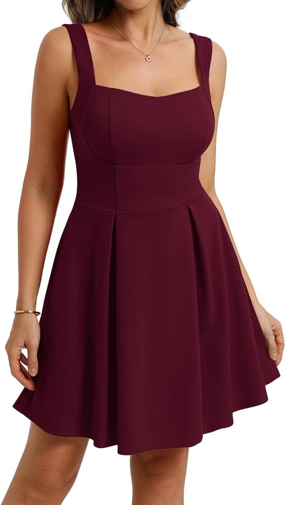 Detalle de Belle Poque Mini robe trapèze à col carré – Dos ouvert, poches et swing fluide