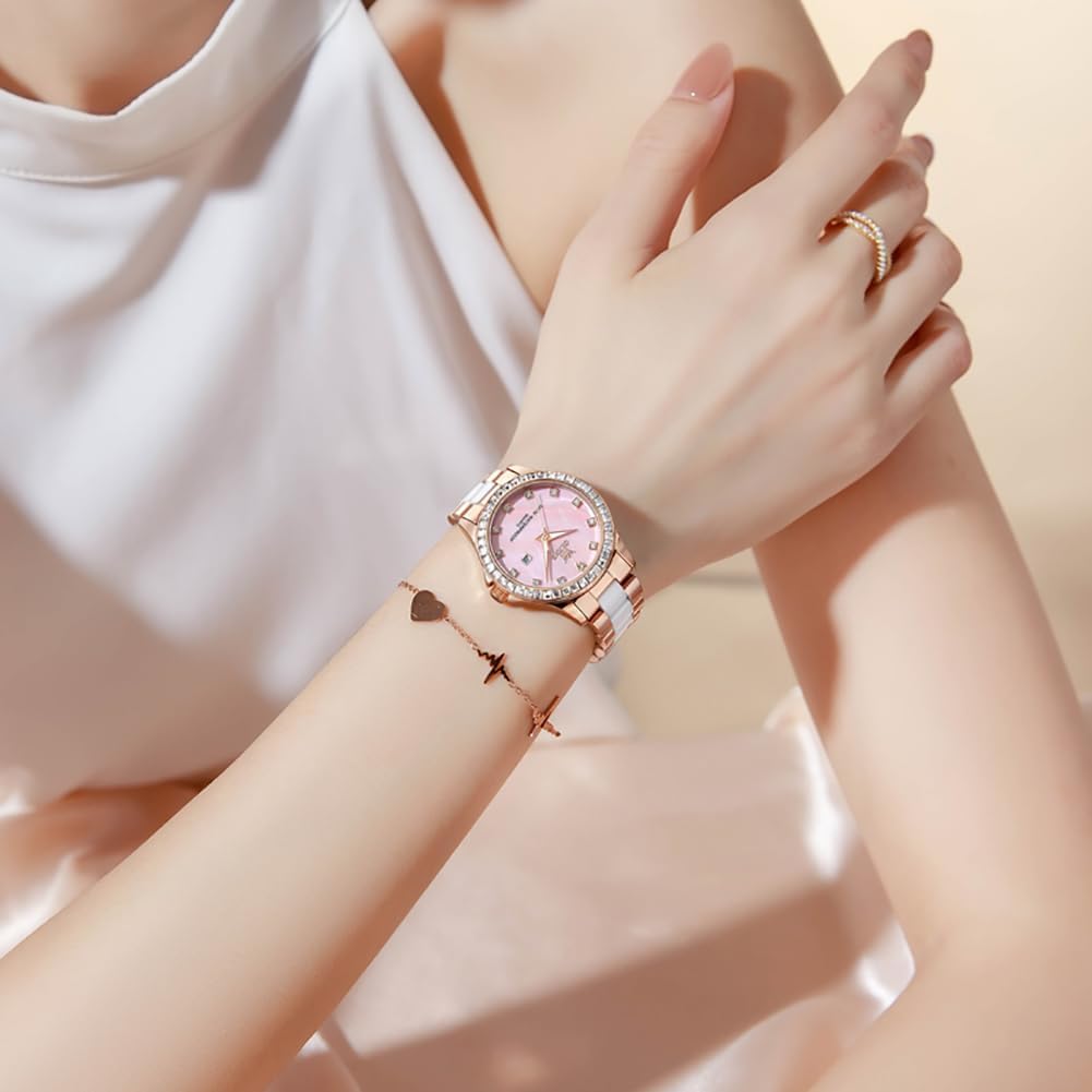 Thumbnail 3 de OLEVS Damen-Diamantuhr Elegante Luxus-Armbanduhr mit Roségoldkäfig und Keramikglas