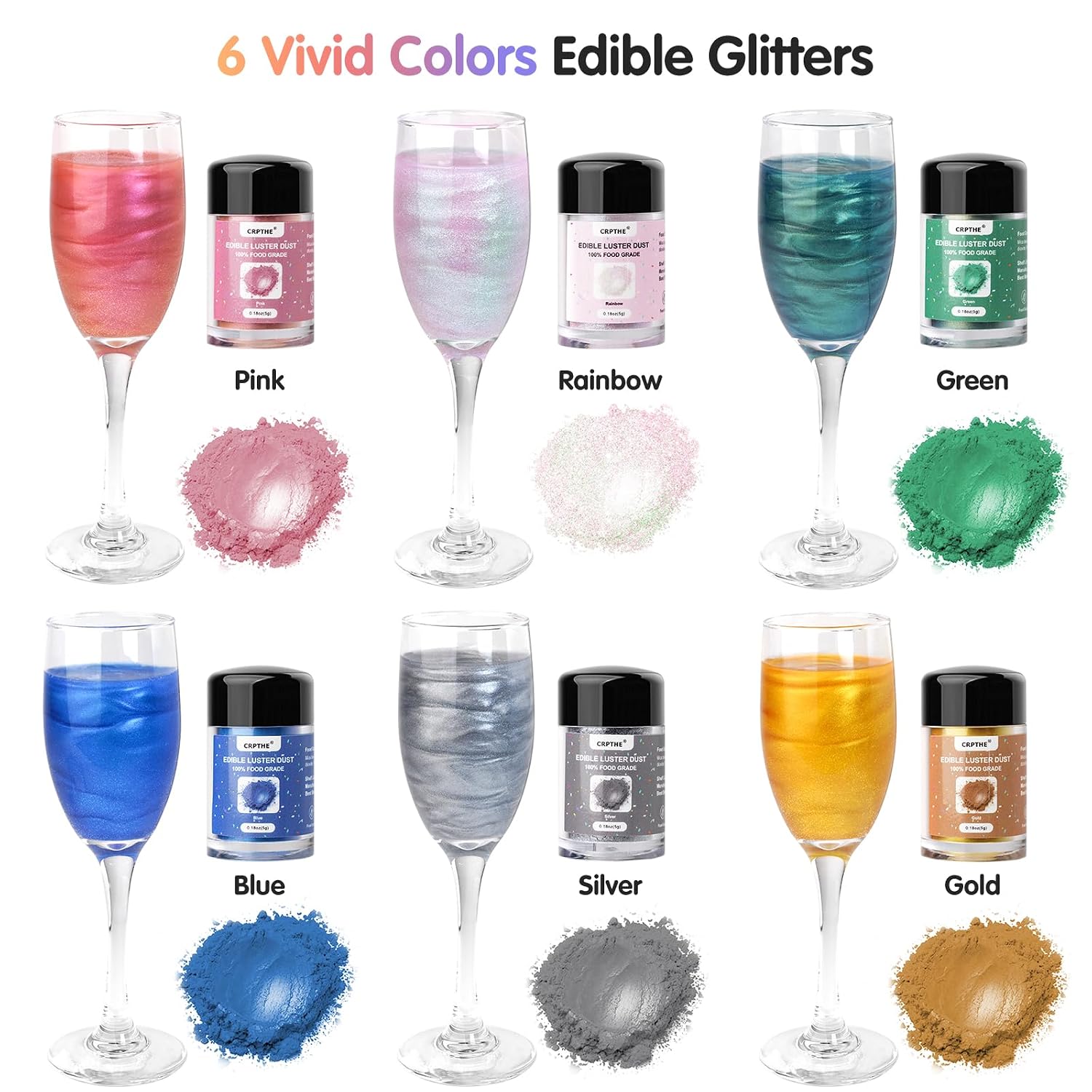 Detalle de CRPTHE Edible Luster Dust Set, 6 Colors for Drinks, Baking, and Desserts