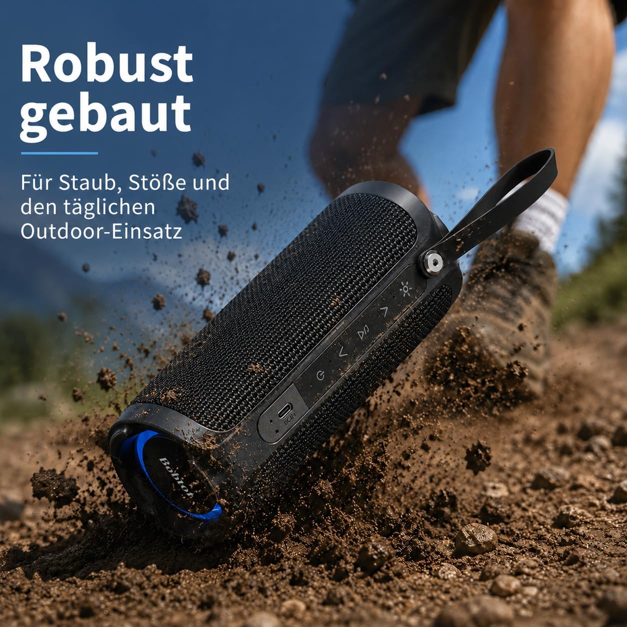 Detalle de Bobtot Tragbarer Bluetooth-Lautsprecher – 15 W RMS, IPX6, 15 Std Akku, RGB, TWS