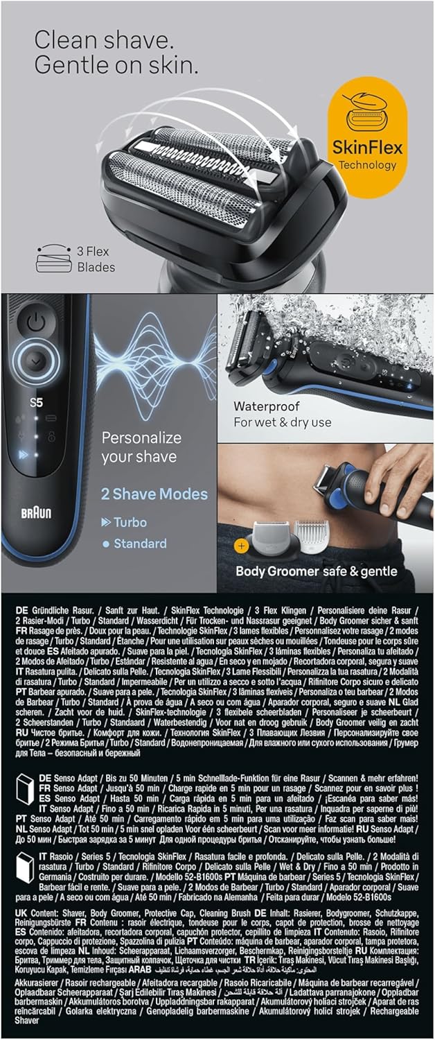Thumbnail 6 de Braun Series 5 Electric Shaver 52-B1600S: Wet & Dry Foil Razor with Body Groomer Attachment