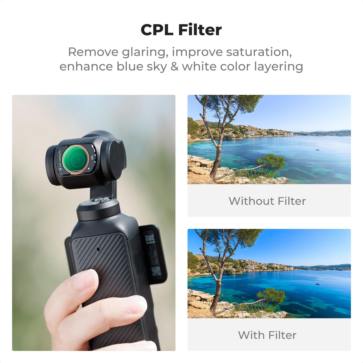 Detalle de K&F CONCEPT FSD01 Filters Kit for DJI Osmo Pocket 3/4 – 4-Pack with Magnetic CPL, Wide Angle, ND2-32 and Black Diffusion 1/4