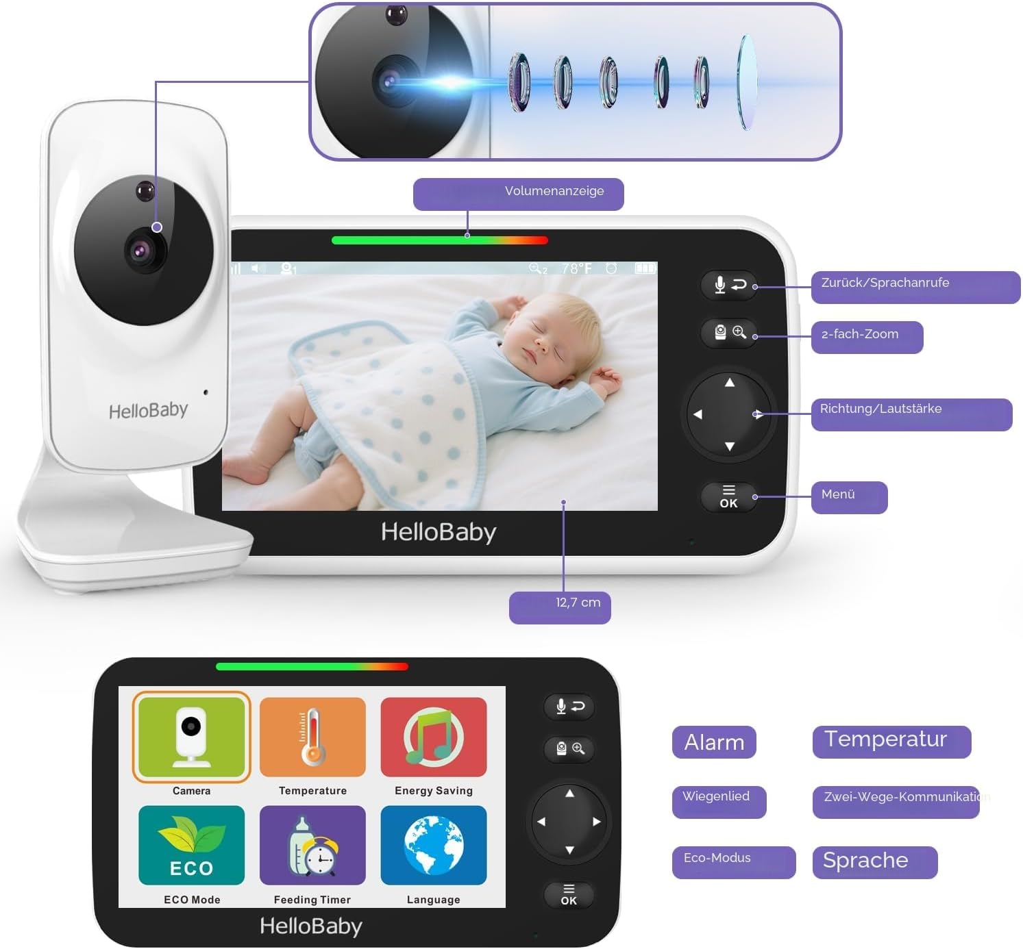 Detalle de HelloBaby Babyphone Videokamera mit 5 Zoll LCD-Farbbildschirm, Nachtsicht und Temperaturalarm