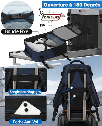 Detalle de KLOSTAIN Bagage Cabine 40x20x25 cm – Sac à dos cabine 20 L, bleu profond