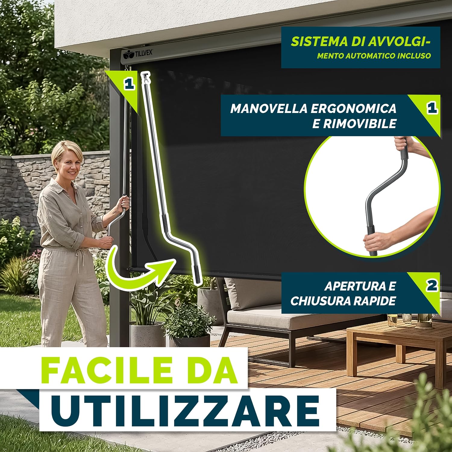 Detalle de tillvex Tenda da sole verticale 140 x 250 cm Nero – impermeabile, con manovella, per balcone e giardino