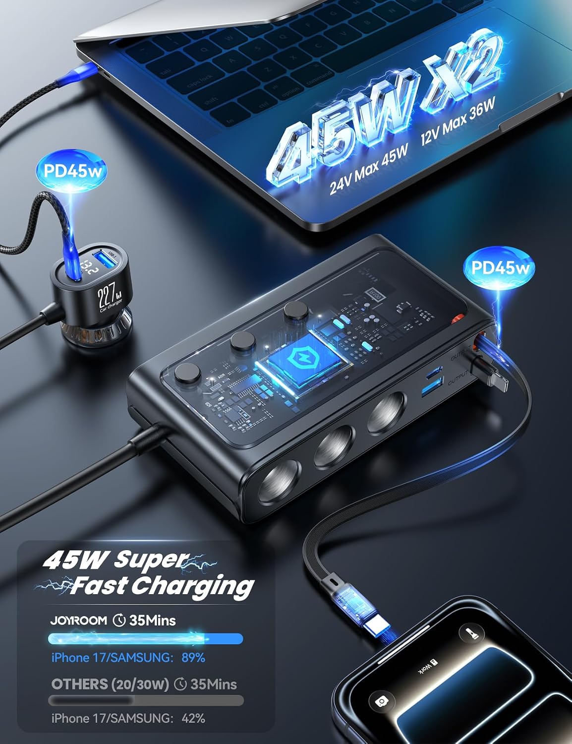 Thumbnail 5 de 227W 9-in-1 Cigarette Lighter Splitter with PD36W*2, QC3.0 Fast Car Charger, Retractable USB-C & Lightning Cables, 31.5in Retractable Cords, and LED Voltage Display