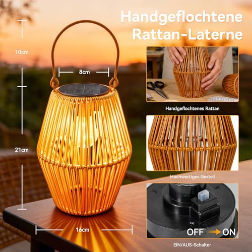 Detalle de Ollny Lanternes Solaire Exterieur – 2 Pièces en Rotin Bohême, Blanc Chaud