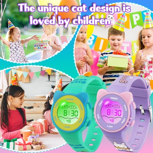 Detalle de Juboos Montre Enfant avec Bracelet Imprimé et 7 Lumières Colorées – Étanche, LED et Oreilles de Chat