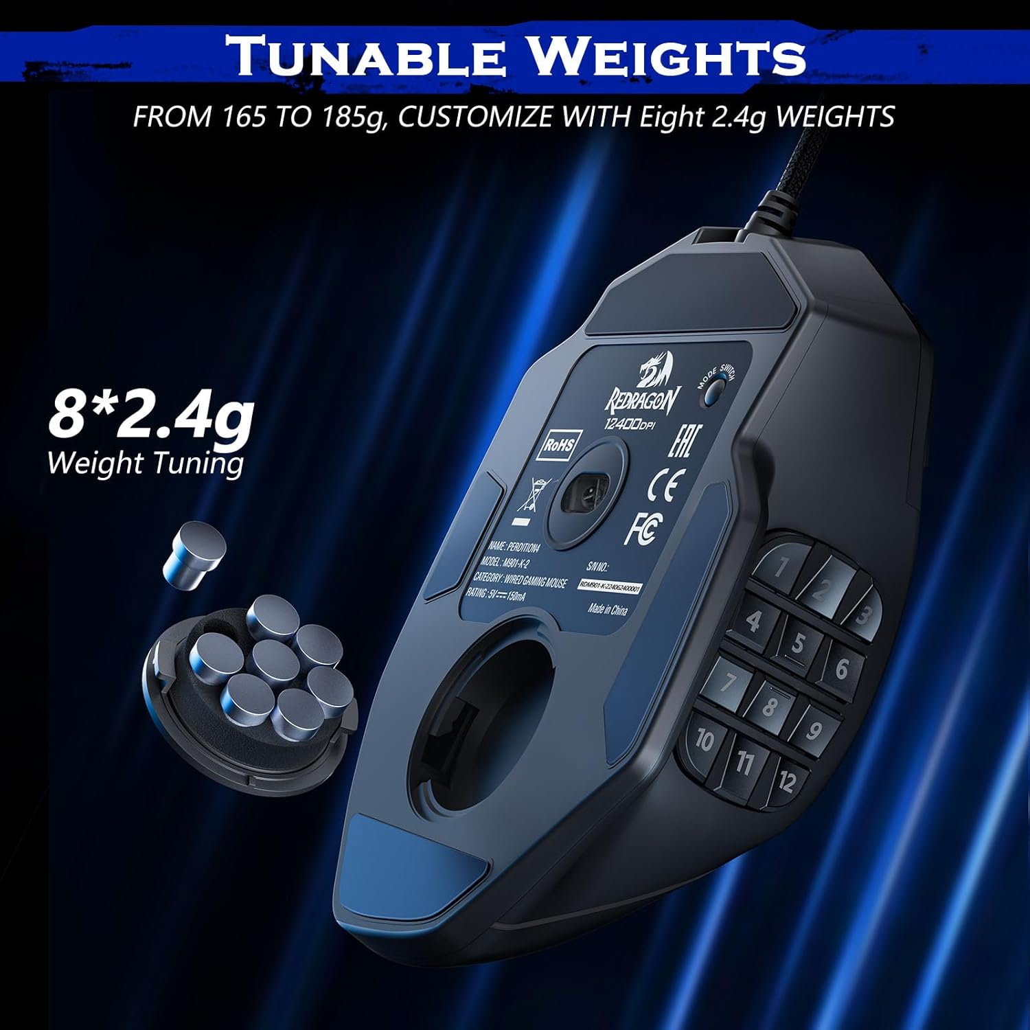 Thumbnail 5 de Redragon MMO Gaming Mouse UP M901K: 12400 DPI, 19 Macro Buttons, 12 Side Buttons, Weight Tuning