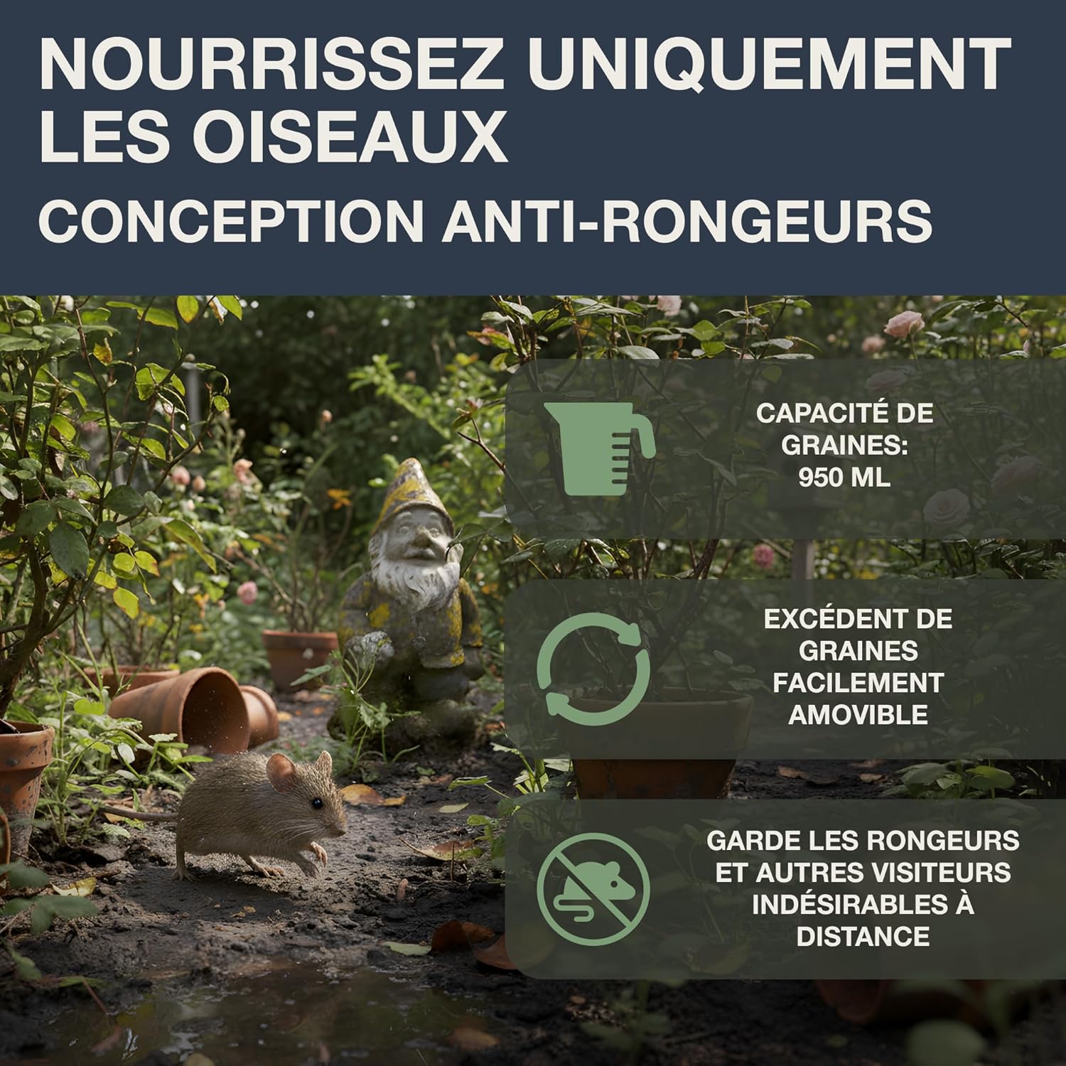 Detalle 2 de SWISSINNO Mangeoire à Oiseaux Smart Birds Chur — Haute Résistance aux Écureuils, Aluminium Moulé et Toit ASA