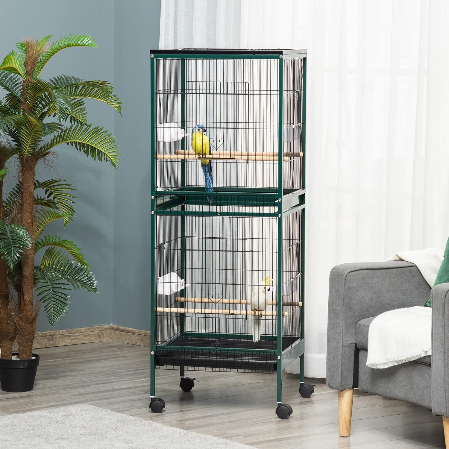 Detalle 2 de PawHut Grande Cage à Oiseaux sur Pied – Volière double avec plateaux amovibles et roulettes