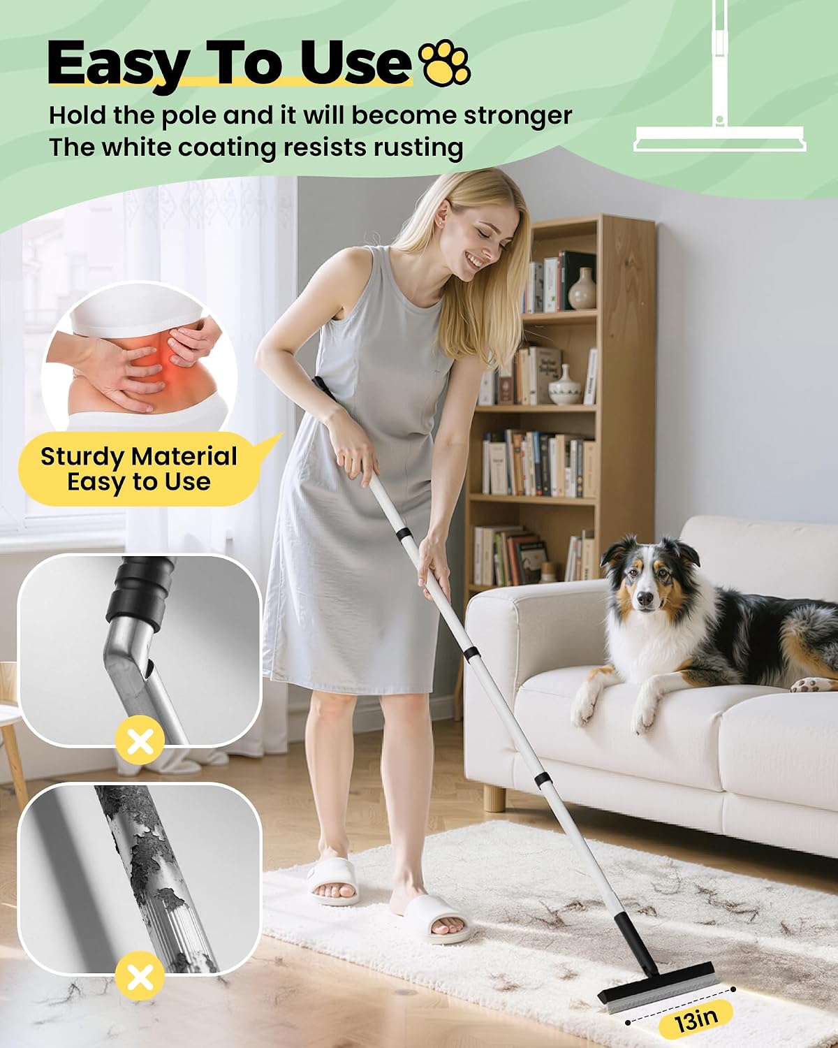 Detalle de Carpet Rake Kit for Pet Hair Removal: 4‑in‑1 Tool with 60" Adjustable Rubber Broom