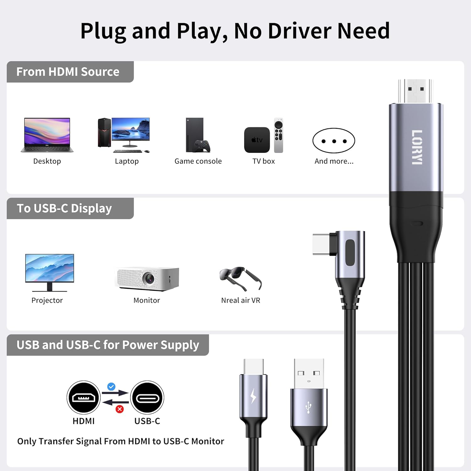 Thumbnail 6 de Loryi 90-Grad HDMI-auf-USB-C-Kabel (2,5 m) für Touch, 4K@60 Hz – Konverterkabel HDMI zu USB-C