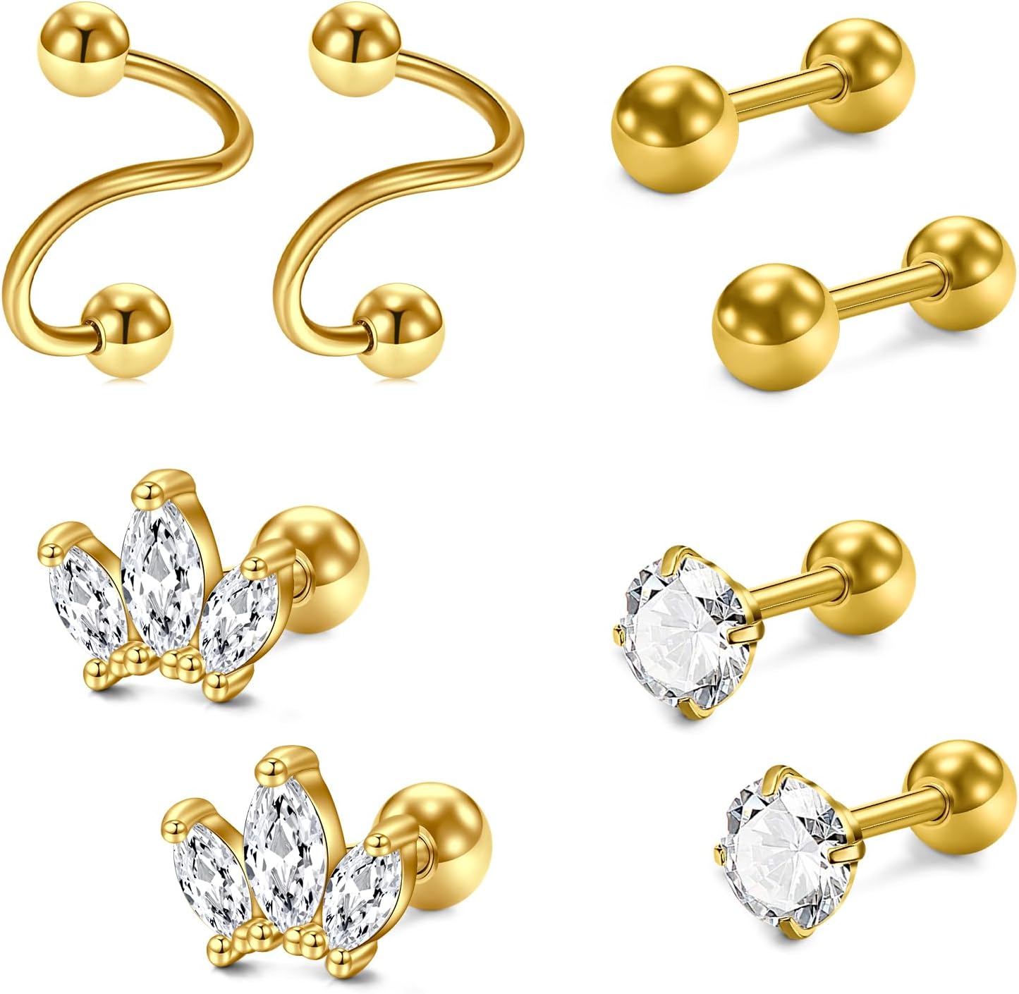 Detalle de AceFun Ohr Helix Tragus Piercing Knorpel Creolen – 4 Paare aus Edelstahl, 1,2 mm Gauge, 6/8 mm Stangen