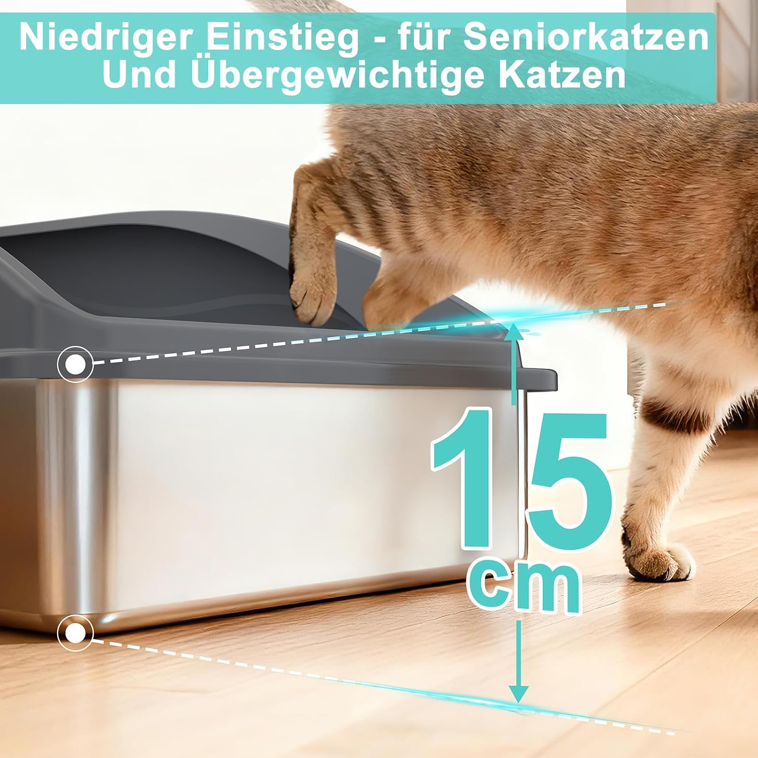 Thumbnail 4 de FURTIME XXXL kattenbak van roestvrij staal, 71 × 51 × 31 cm, met hoge rand