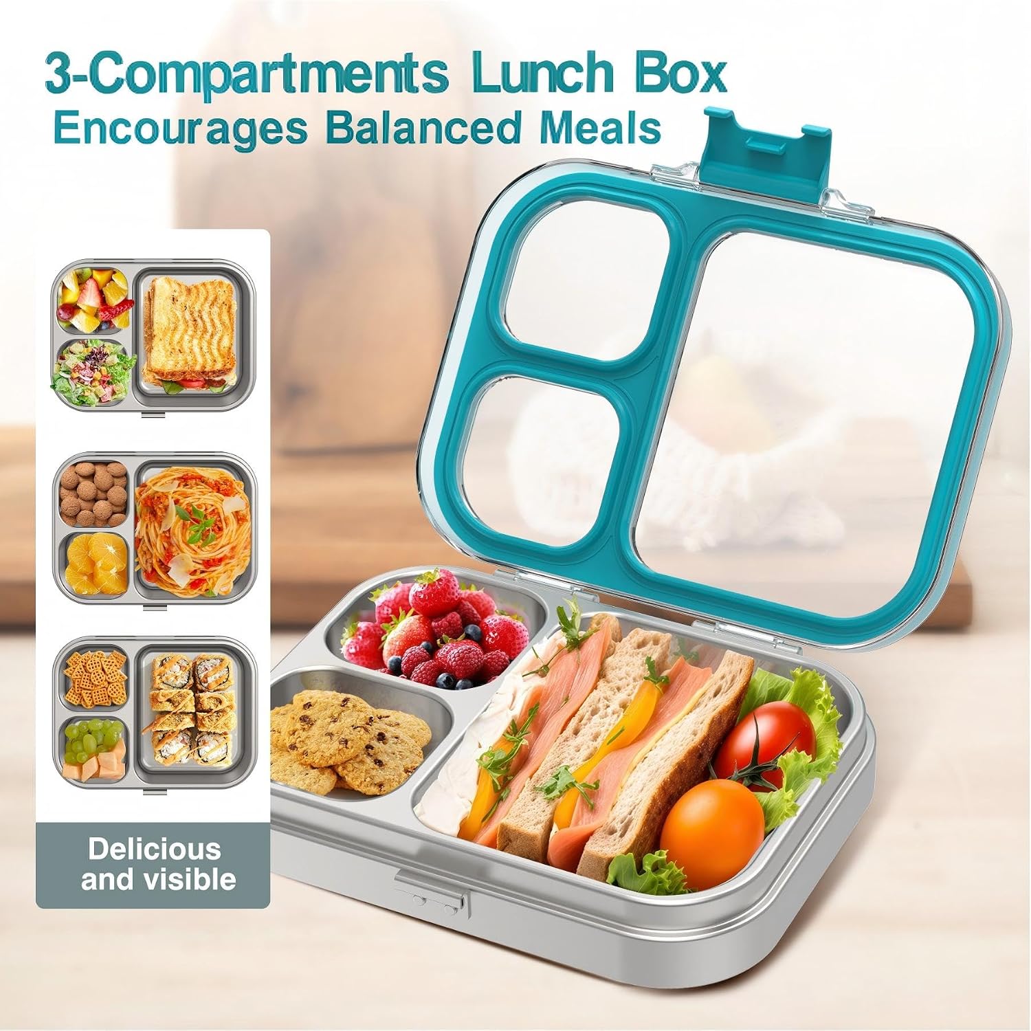 Thumbnail 2 de HOMEKOL Stainless Steel Bento Lunch Box, Blue – 3-Compartment, Leak-Proof (Not Insulated) 800ml